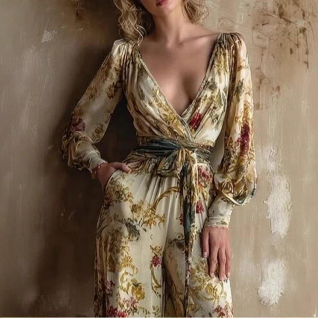 Sexy Deep V-Neck Lantern Sleeve Retro Print Lace-Up Wide-Leg Jumpsuit