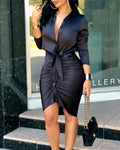 Abito Midi Elegante con Allacciatura e Maniche Lunghe – Vestito Chemisier da Festa