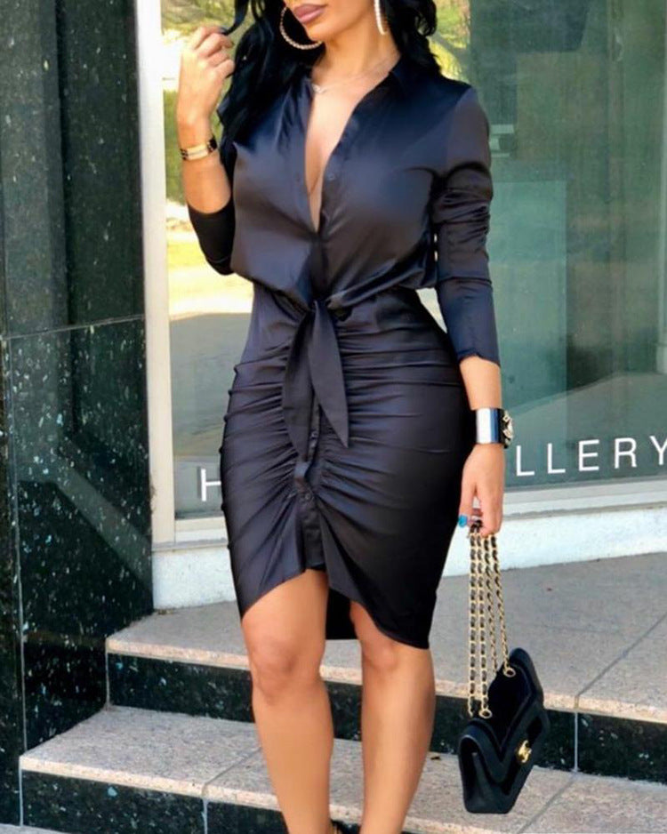 Abito Midi Elegante con Allacciatura e Maniche Lunghe – Vestito Chemisier da Festa