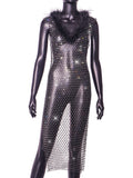 Vestito a Rete con Strass e Colletto in Pelliccia – Donna
