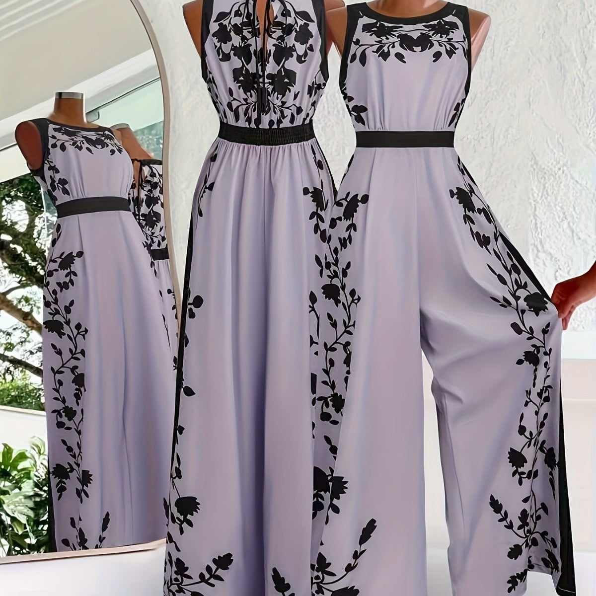 Elegante Tuta Casual da Donna a Fantasia Senza Maniche con Schiena Aperta