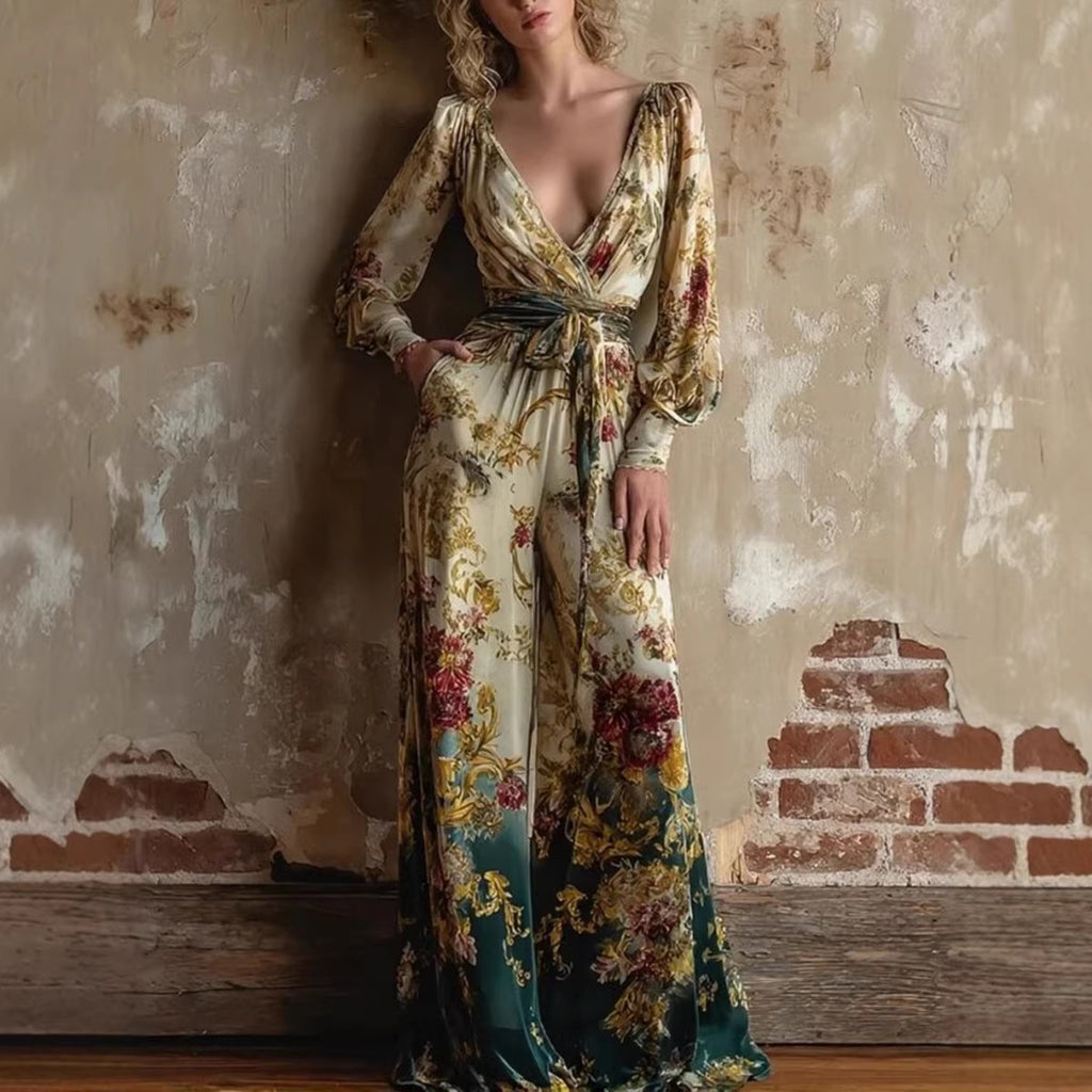 Sexy Deep V-Neck Lantern Sleeve Retro Print Lace-Up Wide-Leg Jumpsuit