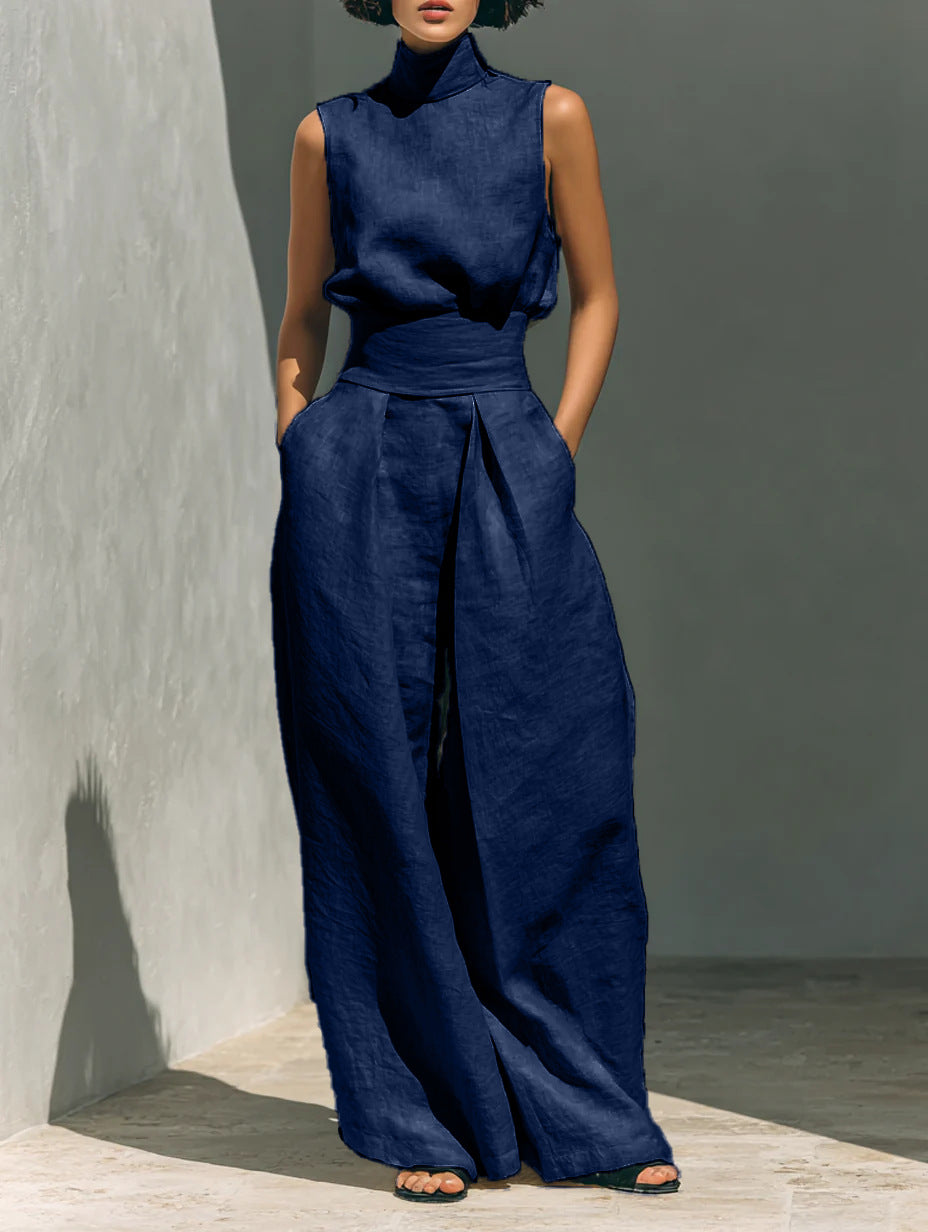 Completo Estivo da Donna – Top Senza Maniche con Colletto alla Coreana e Pantaloni Dritti