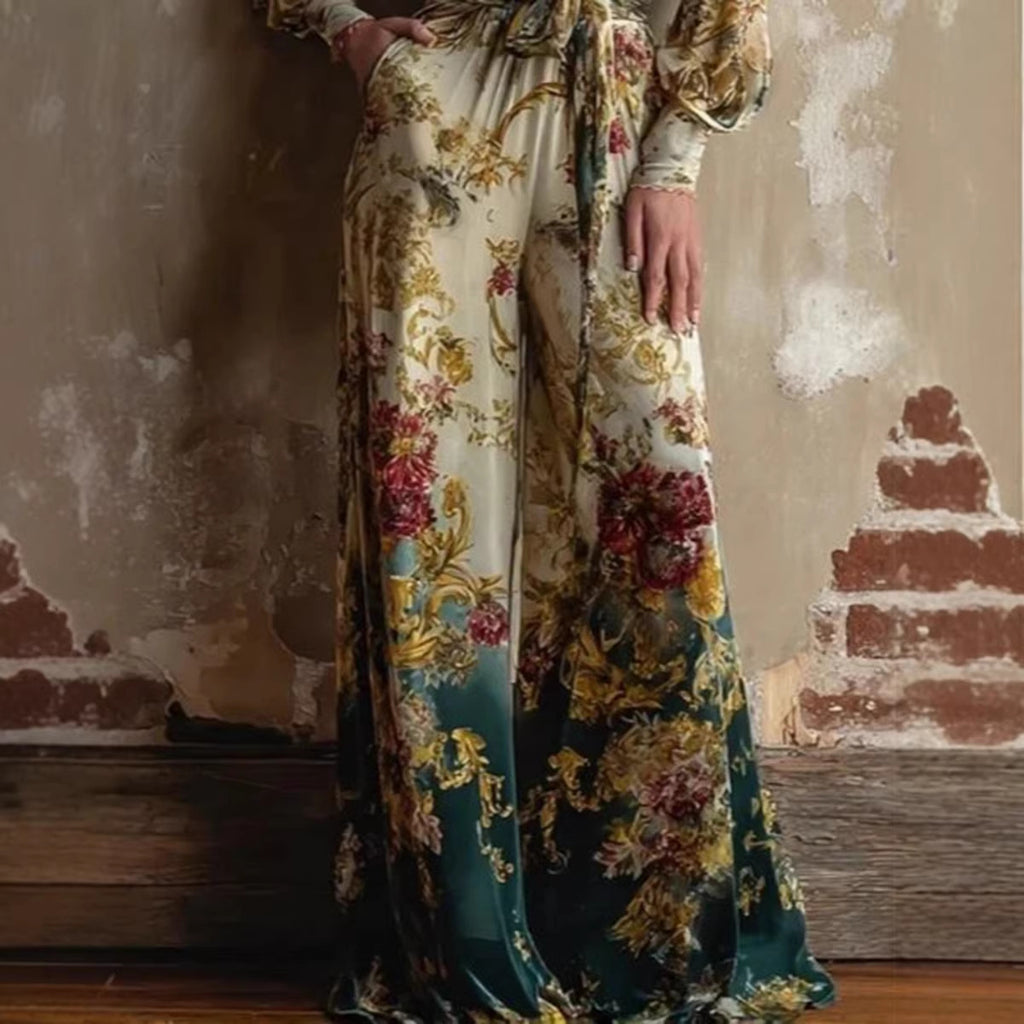 Sexy Deep V-Neck Lantern Sleeve Retro Print Lace-Up Wide-Leg Jumpsuit