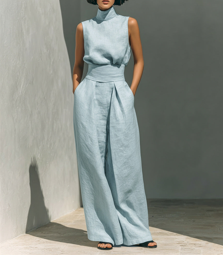 Completo Estivo da Donna – Top Senza Maniche con Colletto alla Coreana e Pantaloni Dritti