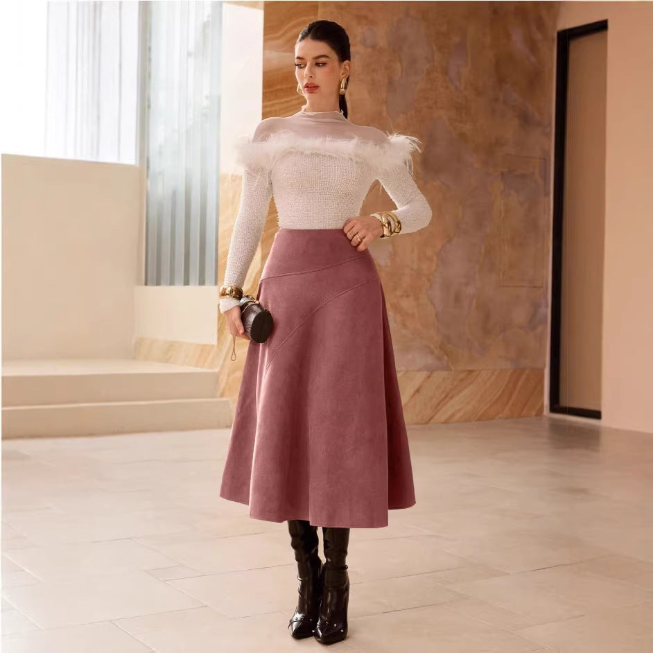 Fashionable Solid-Color Faux Suede Elegant Skirt