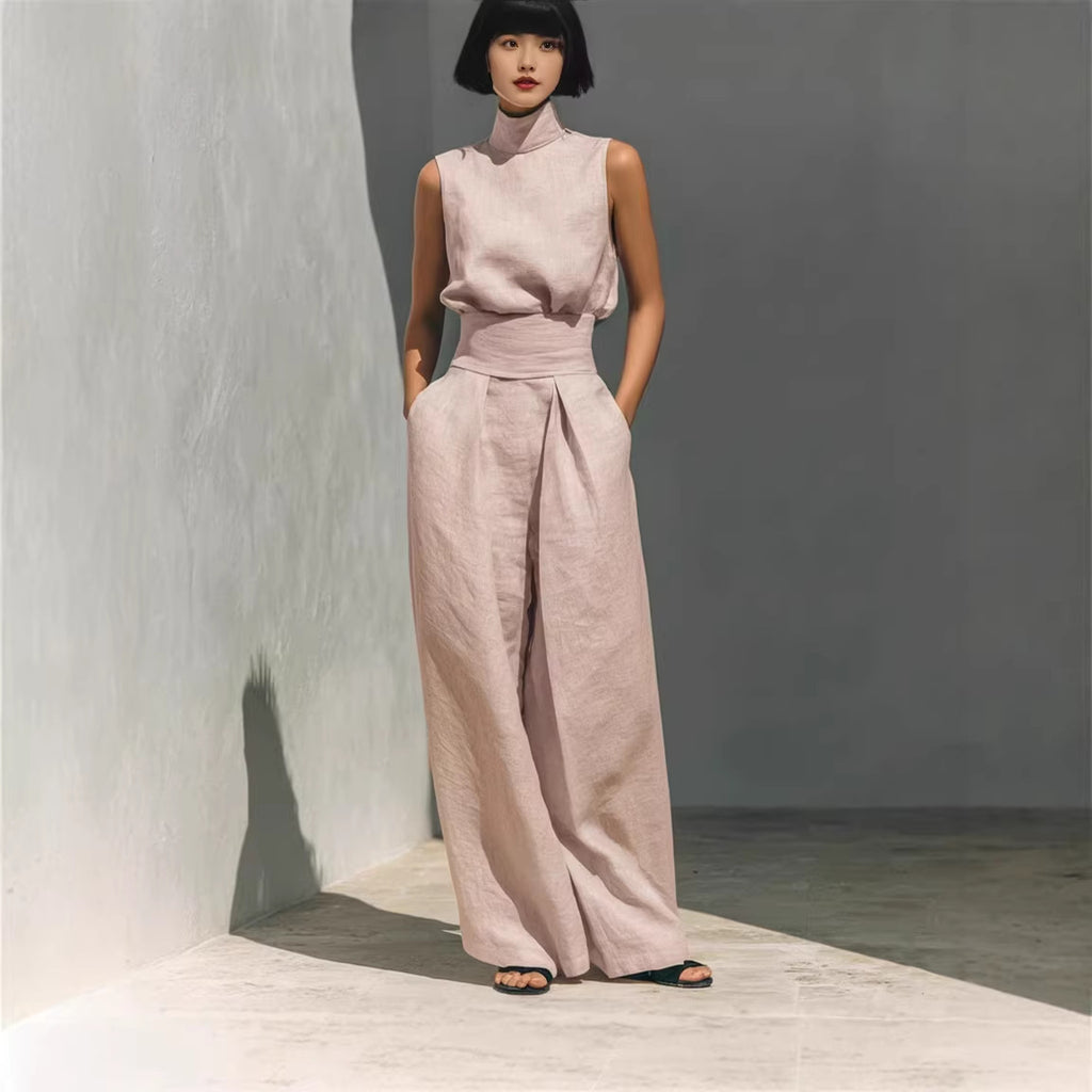 Completo Estivo da Donna – Top Senza Maniche con Colletto alla Coreana e Pantaloni Dritti
