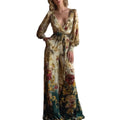 Sexy Deep V-Neck Lantern Sleeve Retro Print Lace-Up Wide-Leg Jumpsuit