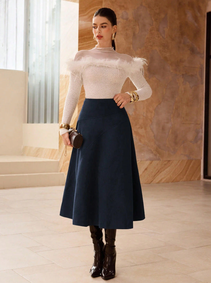 Fashionable Solid-Color Faux Suede Elegant Skirt