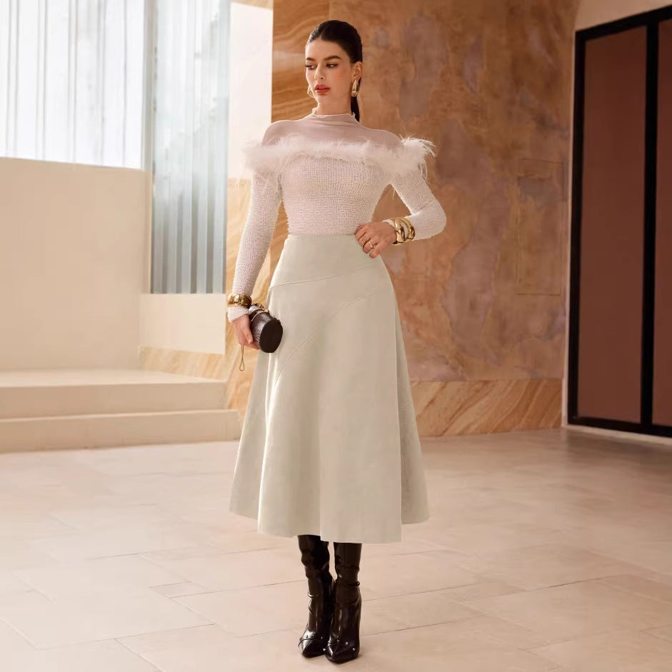 Fashionable Solid-Color Faux Suede Elegant Skirt