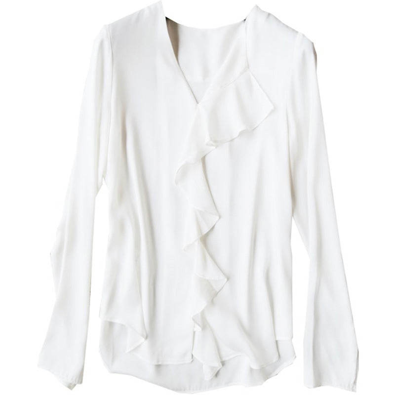 White-collar OL Designer Minimalist V-neck Fashionable Slightly Mature White Shirt In Solid Color