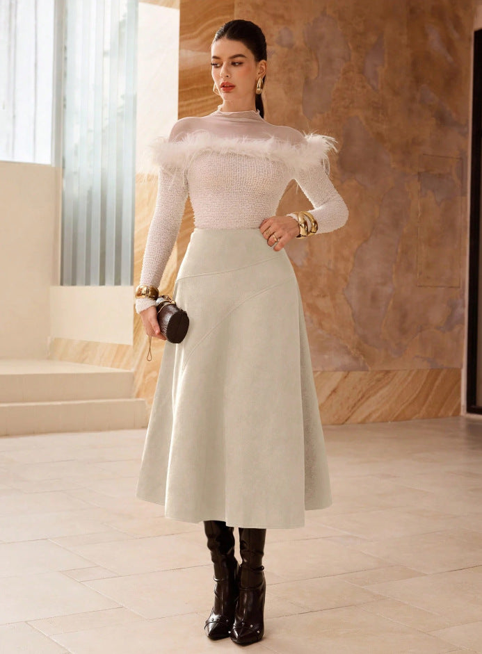 Fashionable Solid-Color Faux Suede Elegant Skirt